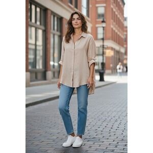 Tahari 100% Linen Long Sleeve Button Front Shirt Tan Tunic Top Size Medium